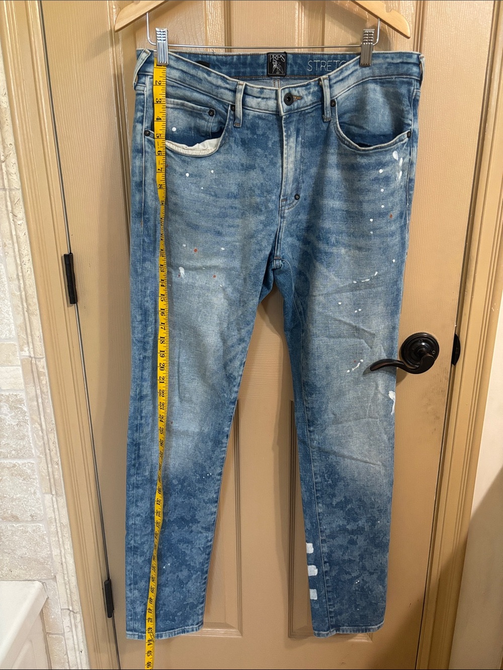 PRPS Men's Blue Washed Slim Straight Jeans with Paint Splatter - Picture 2 of 5